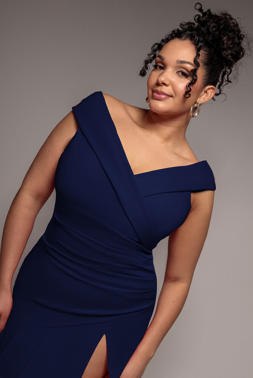 Goddiva Plus Scuba Crepe Off Shoulder Front Split Maxi Dress - Navy Blue
