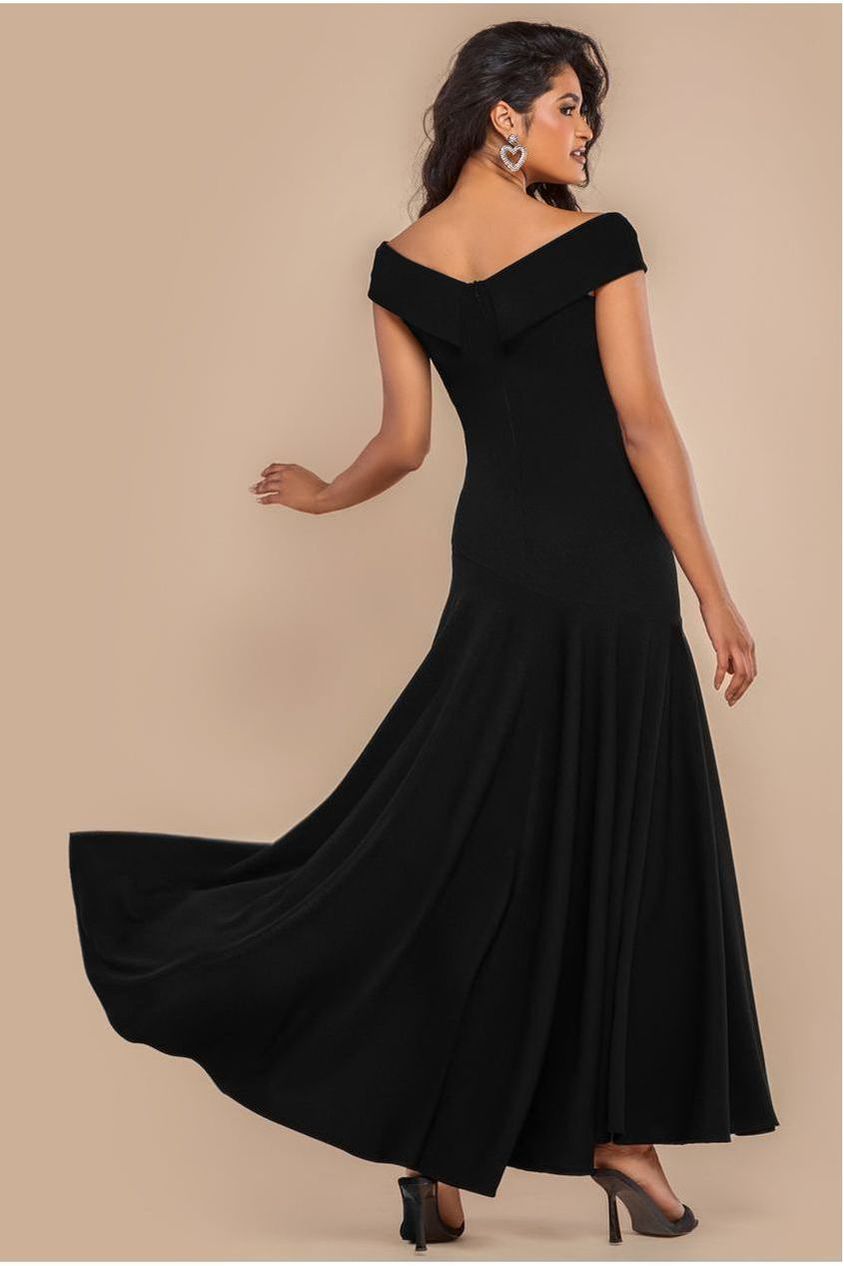 Goddiva Scuba Crepe Off Shoulder Front Split Maxi Dress - Black