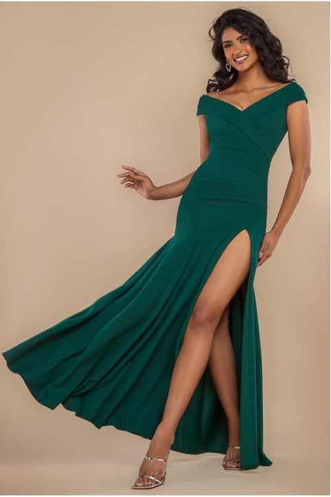 Goddiva Scuba Crepe Off Shoulder Front Split Maxi Dress - Emerald Green