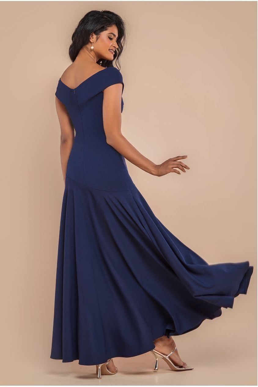 Goddiva Scuba Crepe Off Shoulder Front Split Maxi Dress - Navy Blue