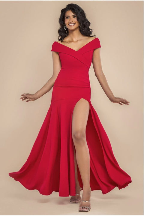 Goddiva Scuba Crepe Off Shoulder Front Split Maxi Dress - Red