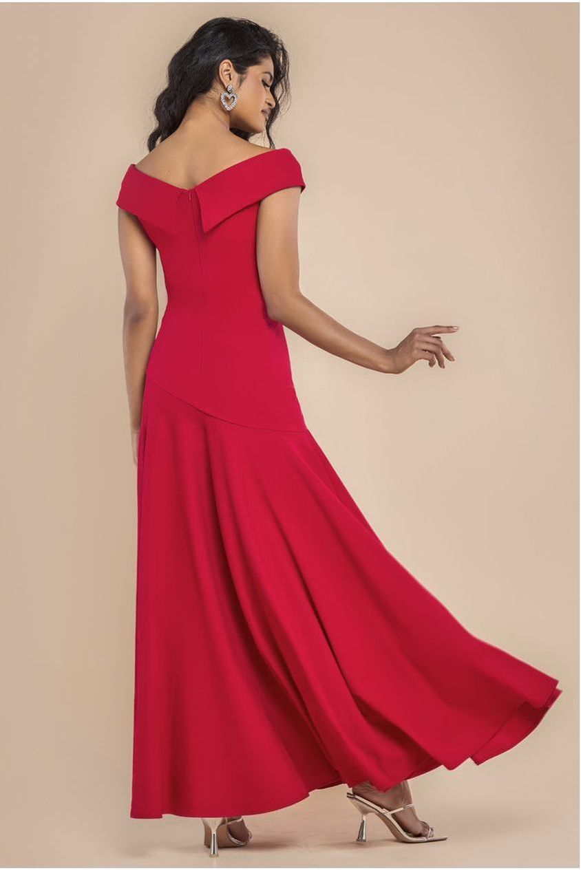 Goddiva Scuba Crepe Off Shoulder Front Split Maxi Dress - Red