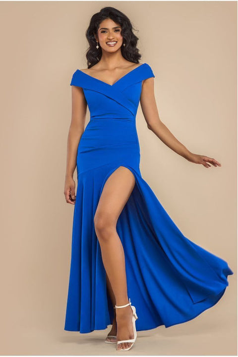 Goddiva Scuba Crepe Off Shoulder Front Split Maxi Dress - Royal Blue