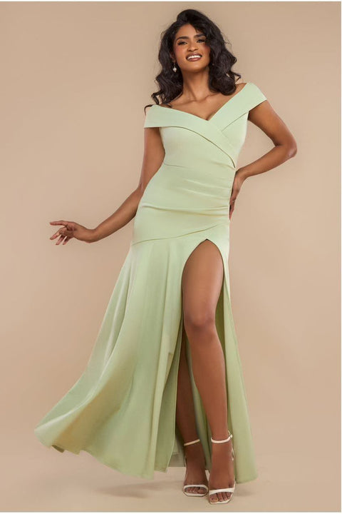 Goddiva Scuba Crepe Off Shoulder Front Split Maxi Dress - Sage Green