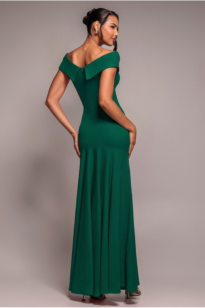 Goddiva Scuba Crepe Off Shoulder Front Split Maxi Dress - Emerald Green