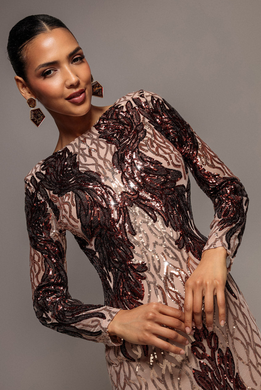 Goddiva Boat Neck Full Sleeve Sequin Midi Dress - Champagne