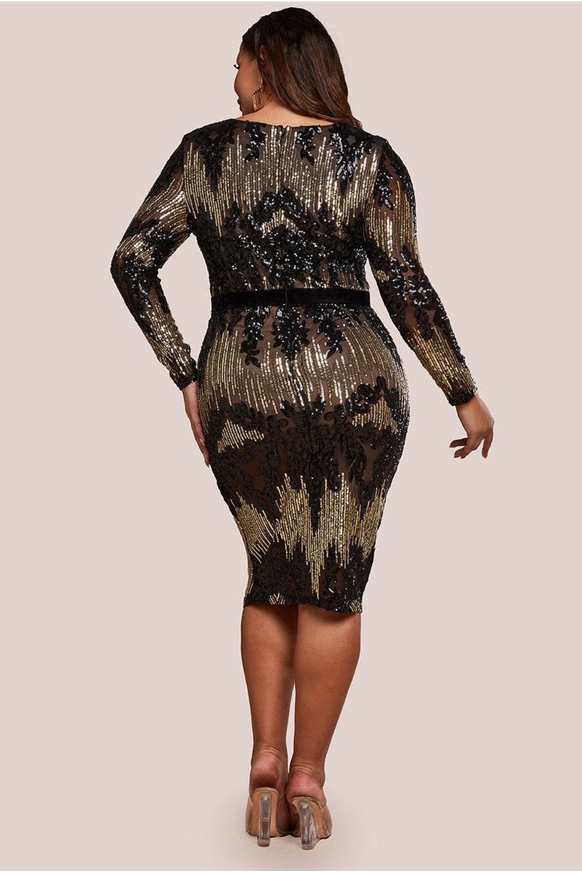 Goddiva Plus Long Sleeve Sequin Party Midi Dress - Black