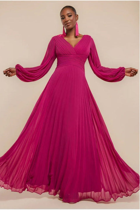 Goddiva Balloon Sleeve Chiffon Maxi Dress - Magenta