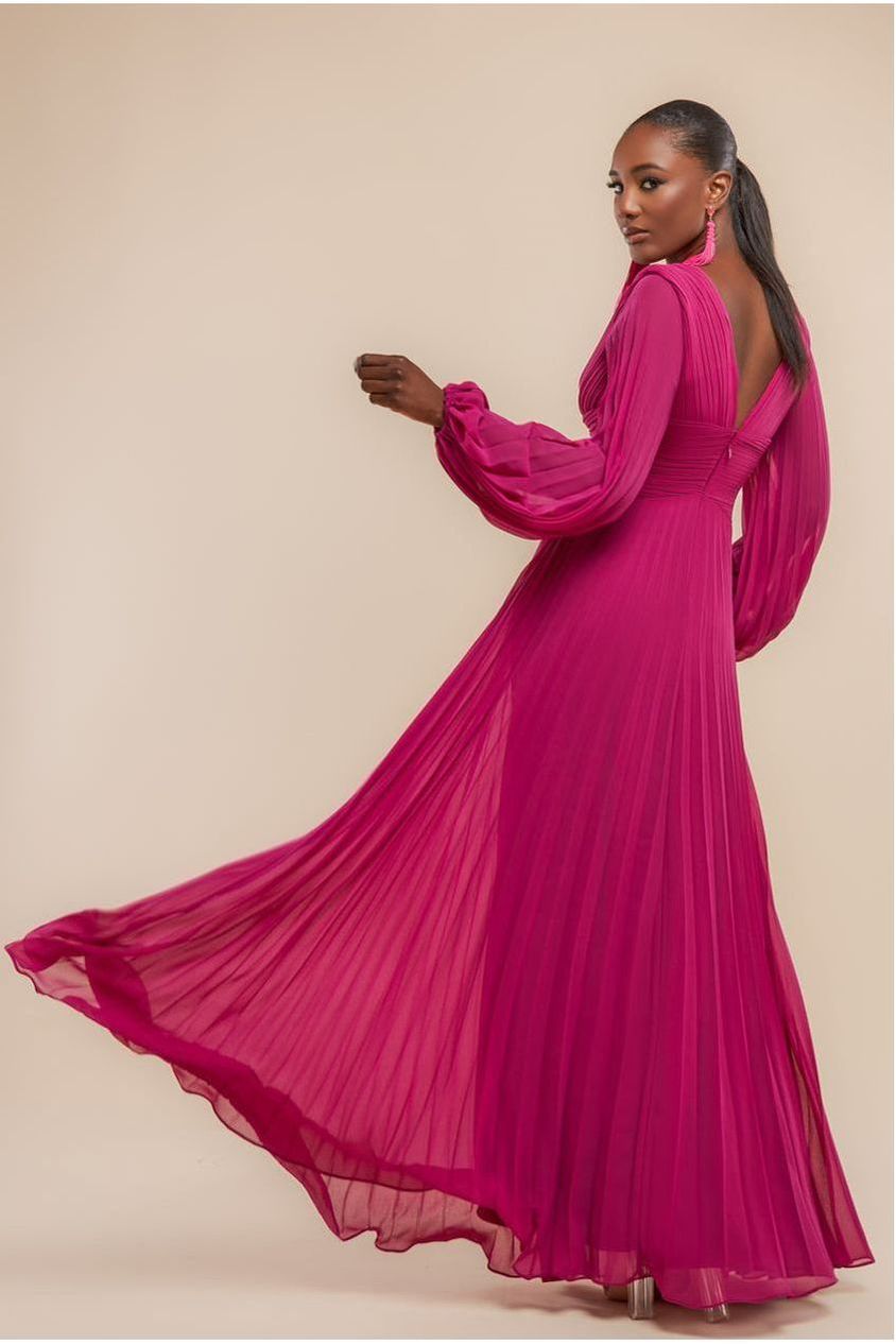 Goddiva Balloon Sleeve Chiffon Maxi Dress - Magenta