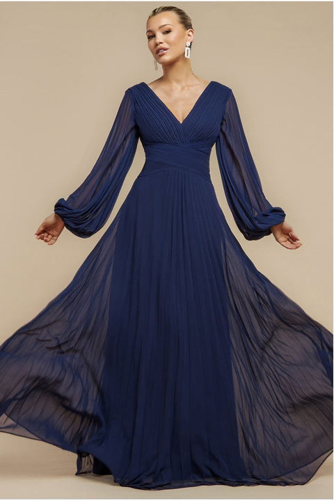 Goddiva Balloon Sleeve Chiffon Maxi Dress - Navy Blue