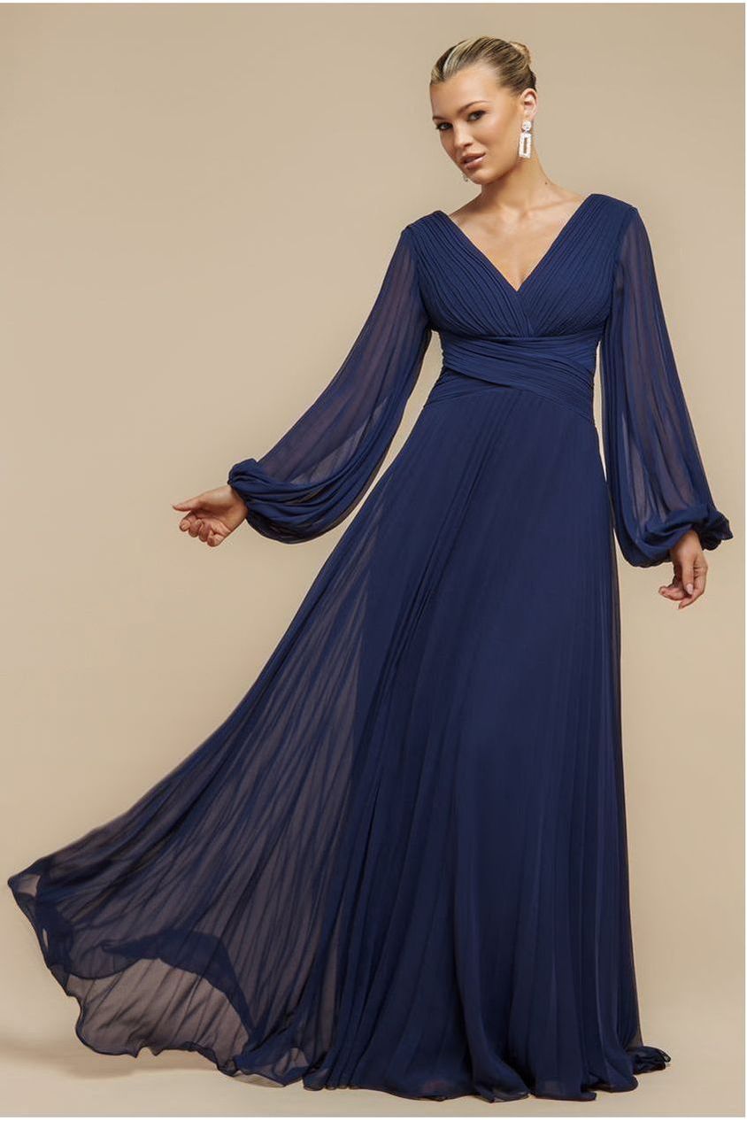 Goddiva Balloon Sleeve Chiffon Maxi Dress - Navy Blue
