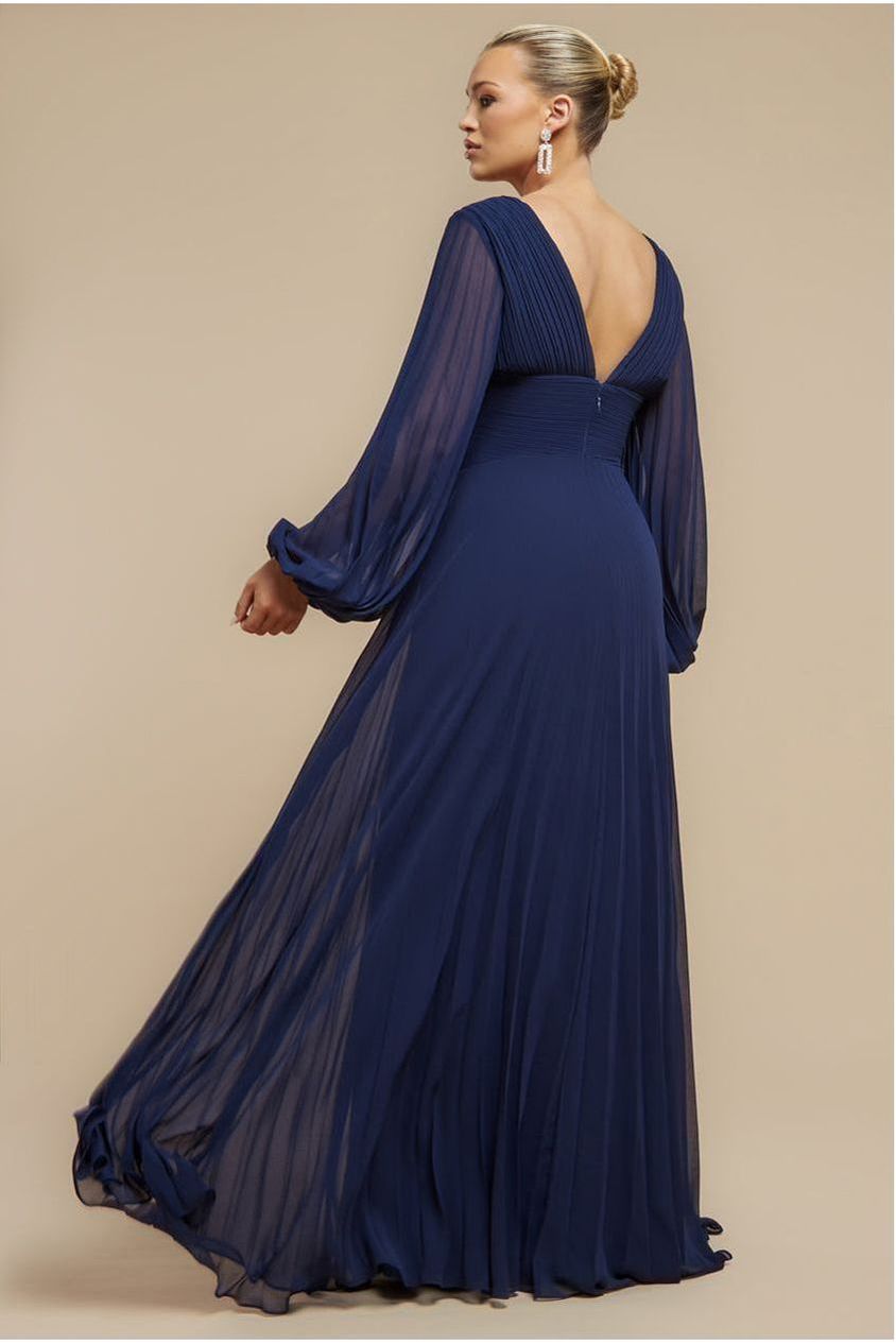 Goddiva Balloon Sleeve Chiffon Maxi Dress - Navy Blue
