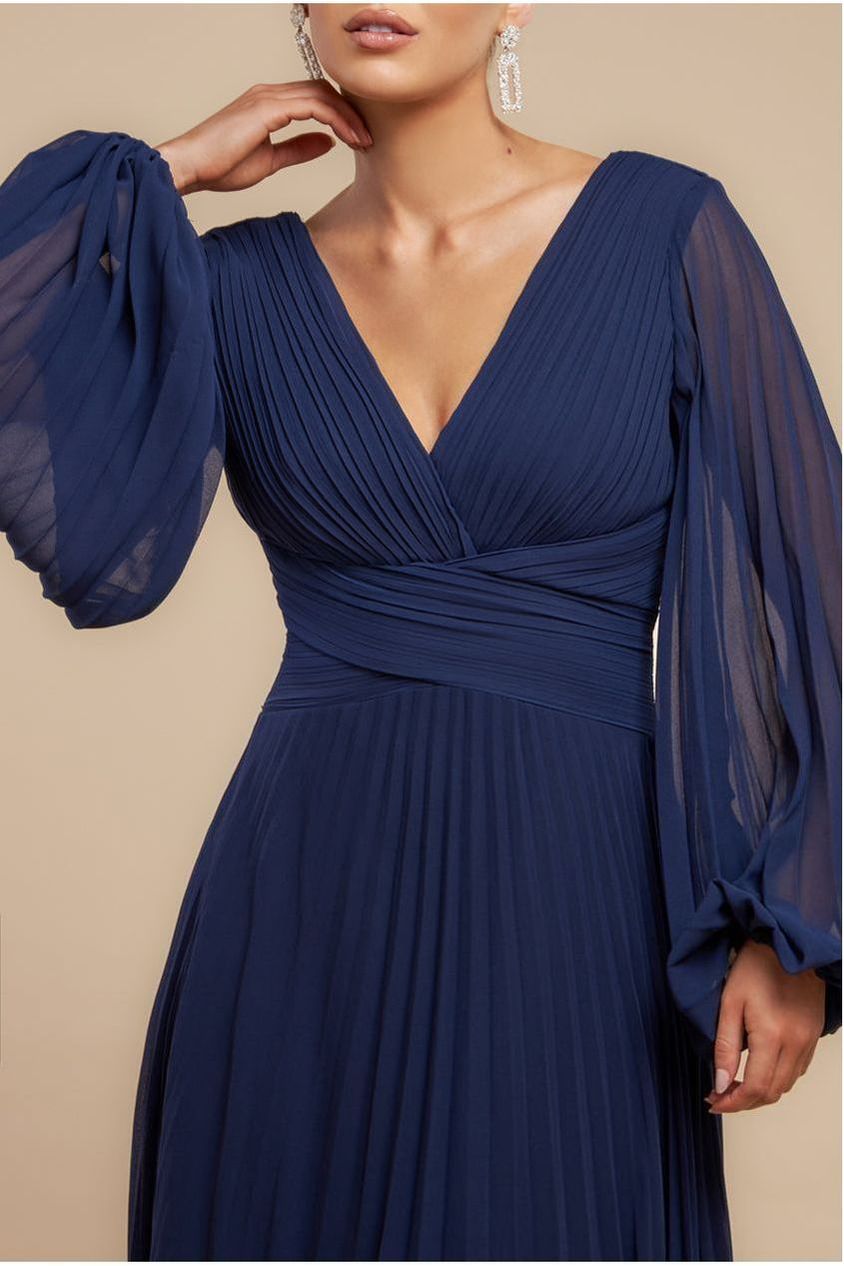 Goddiva Balloon Sleeve Chiffon Maxi Dress - Navy Blue
