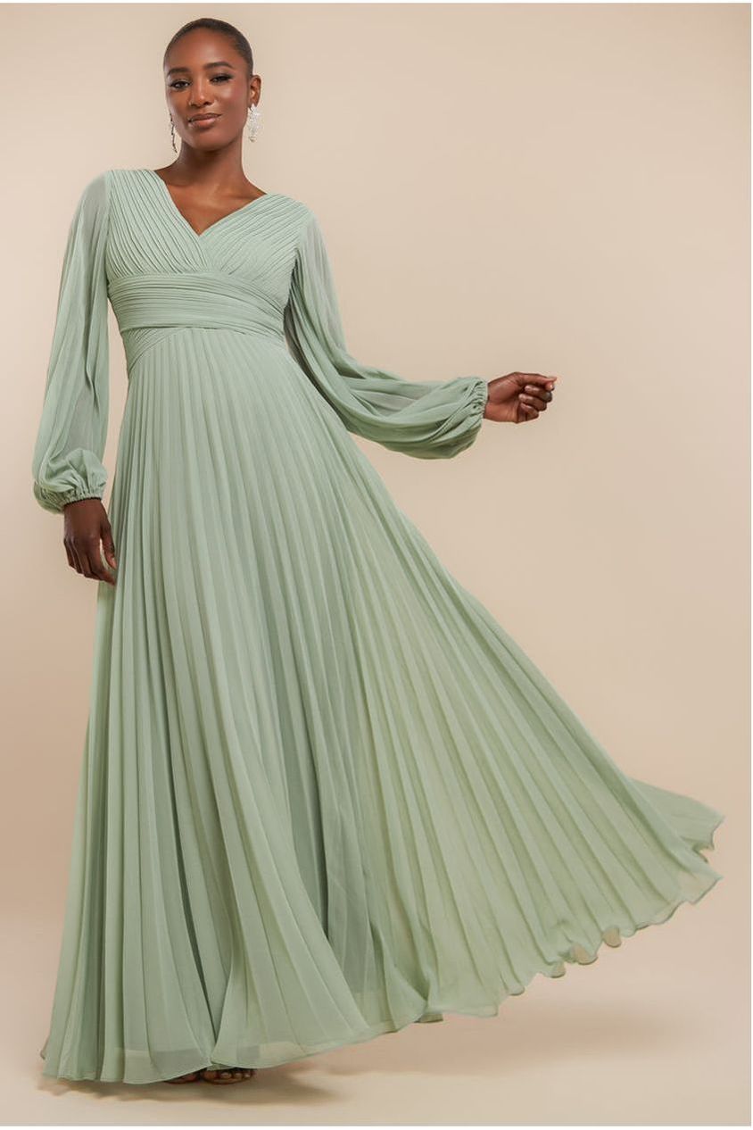 Goddiva Balloon Sleeve Chiffon Maxi Dress - Sage Green