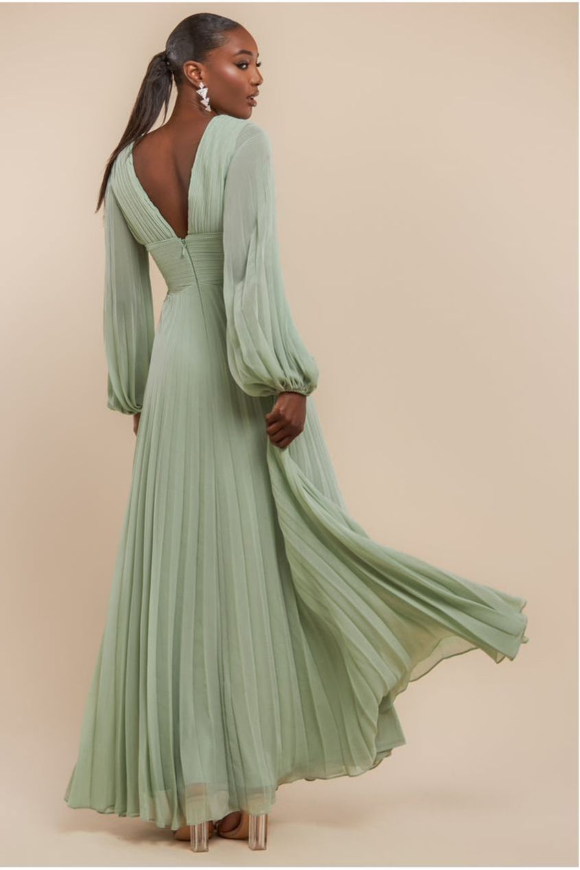 Goddiva Balloon Sleeve Chiffon Maxi Dress  - Sage Green