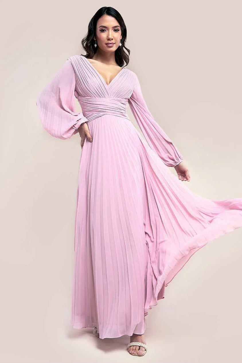 Goddiva Balloon Sleeve Chiffon Maxi - Pink