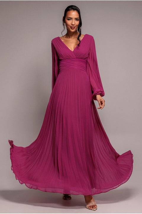 Goddiva Balloon Sleeve Chiffon Maxi Dress - Magenta