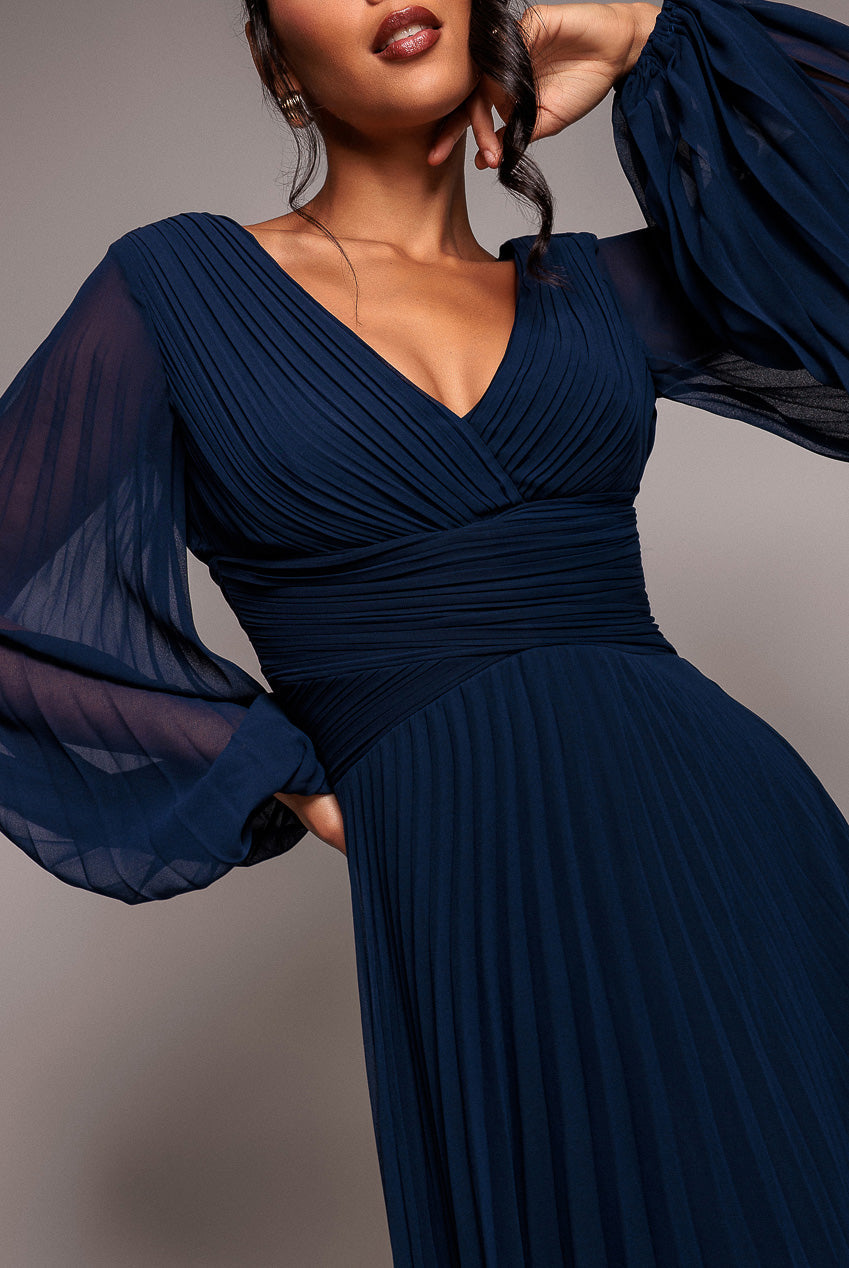 Goddiva Balloon Sleeve Chiffon Maxi Dress - Navy Blue