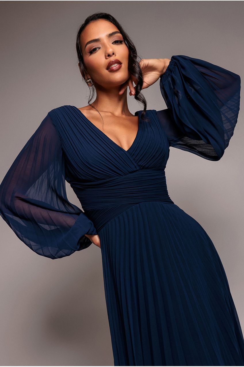 Goddiva Balloon Sleeve Chiffon Maxi Dress - Navy Blue