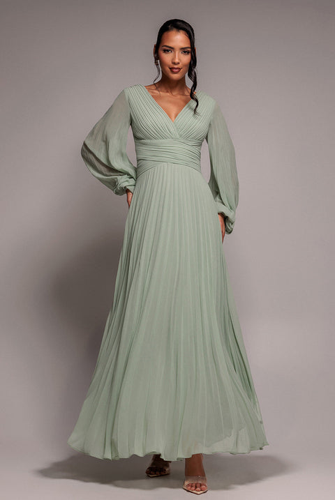 Goddiva Balloon Sleeve Chiffon Maxi Dress - Sage Green
