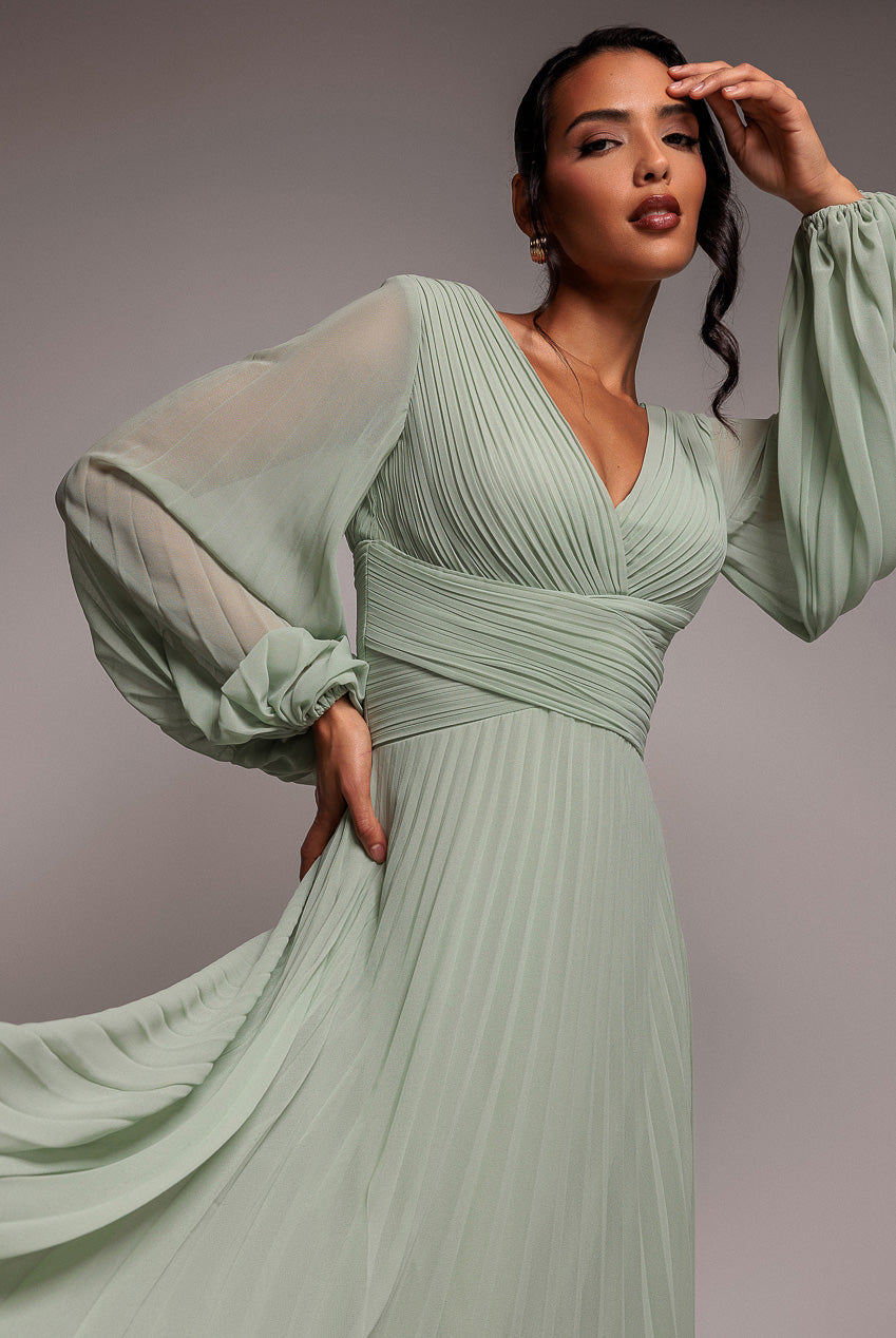 Goddiva Balloon Sleeve Chiffon Maxi Dress - Sage Green