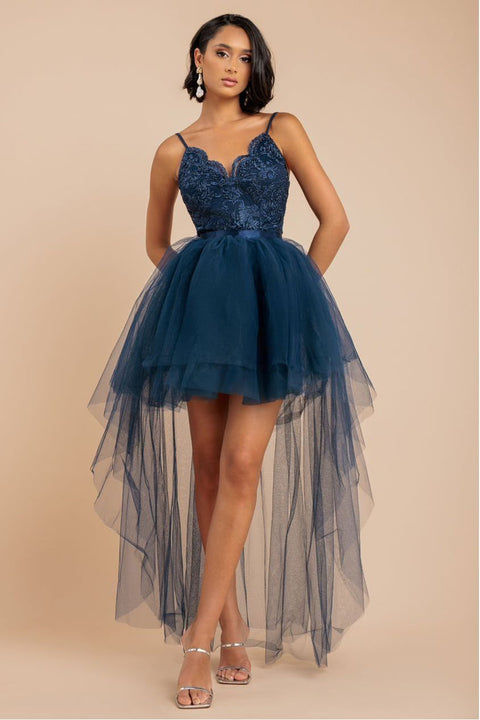 Goddiva High Low Tulle Mini With Lace Bodice - Navy