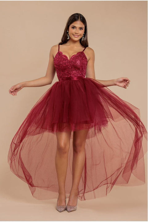 Goddiva High Low Tulle Mini With Lace Bodice - Wine