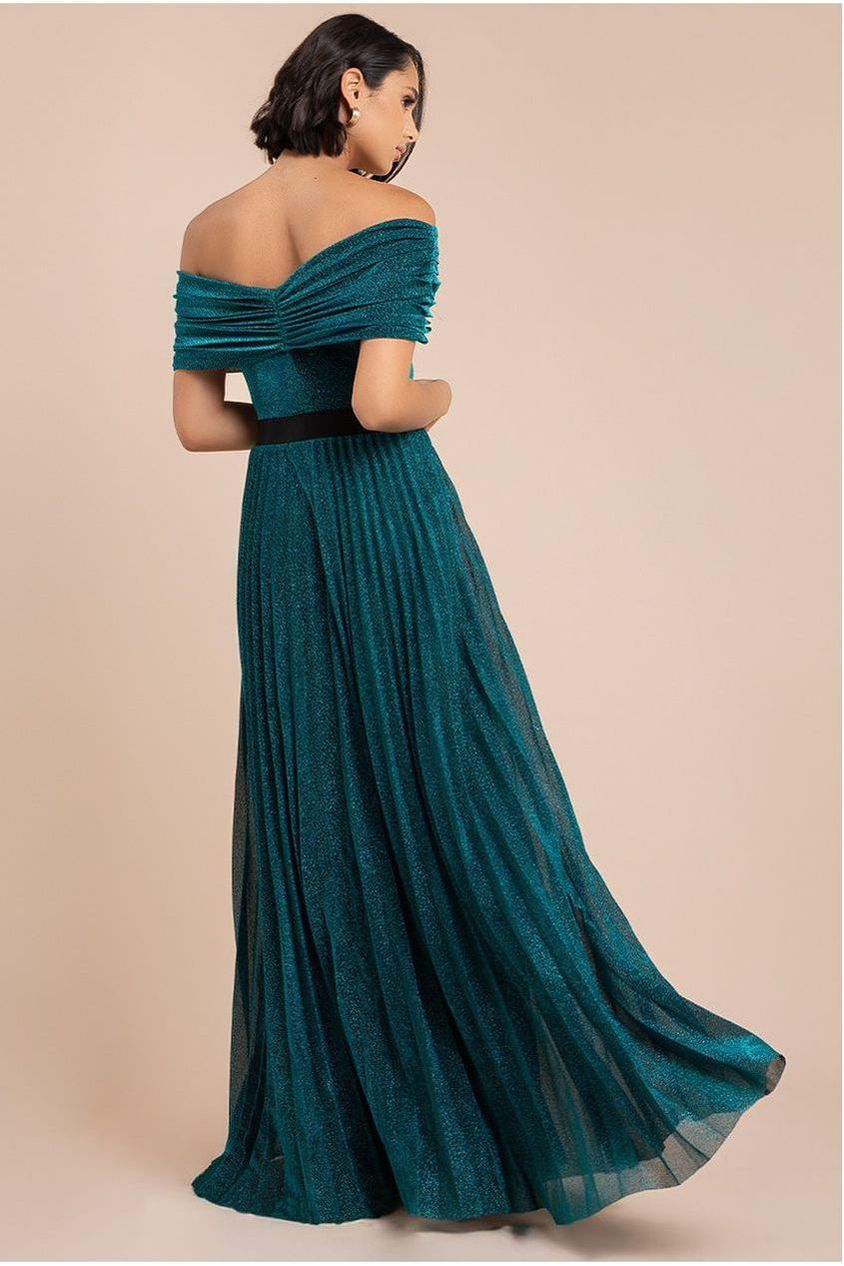 Goddiva Bardot Pleated Skirt Maxi Dress - Emerald