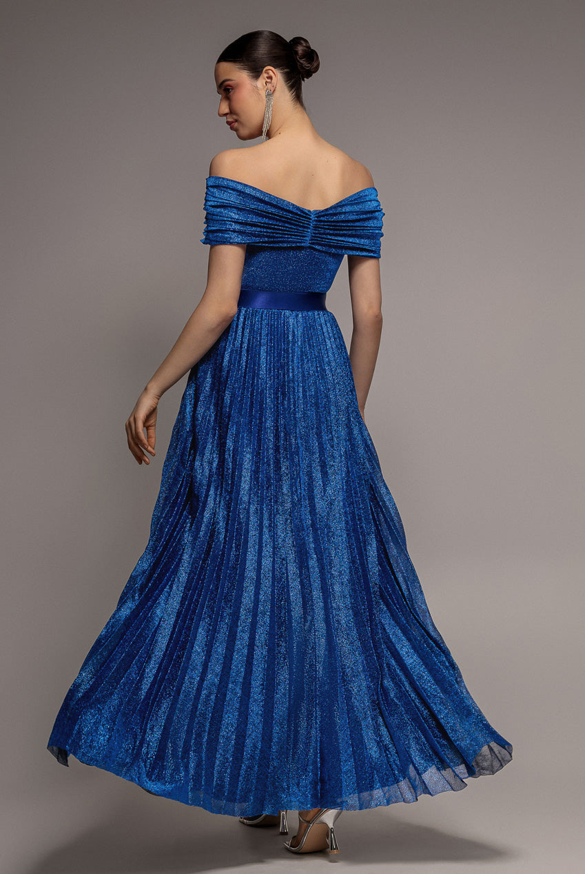 Goddiva Bardot Pleated Skirt Maxi Dress - Royalblue