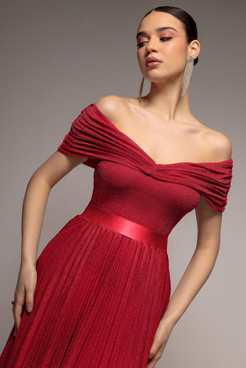 Goddiva Bardot Pleated Skirt Maxi Dress - Wine