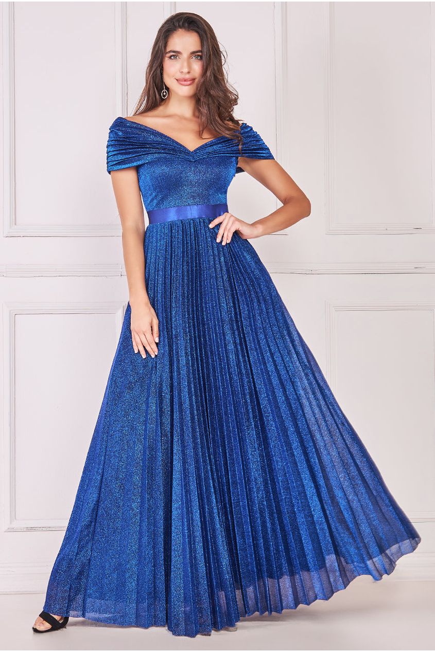 Goddiva Bardot Pleated Skirt Maxi Dress - Royalblue