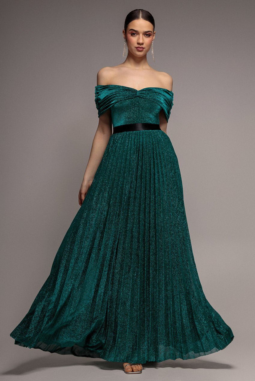 Goddiva Bardot Pleated Skirt Maxi Dress - Emerald
