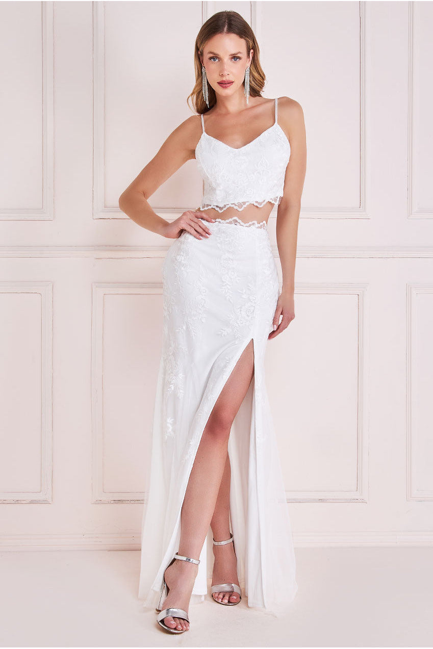 Goddiva Scalloped Edge Lace Co-ord With Split - White