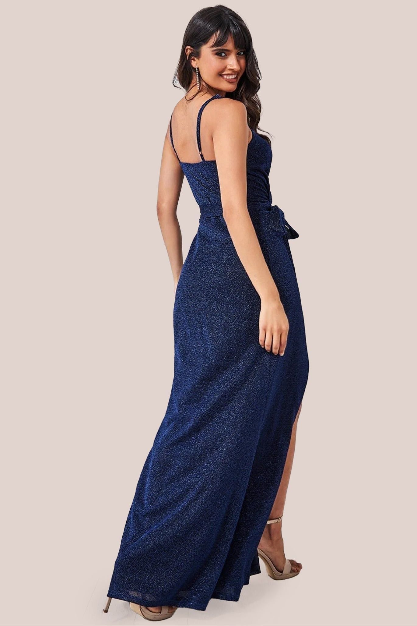 Goddiva Wrap Style Spaghetti Strap Maxi With Split - Navy