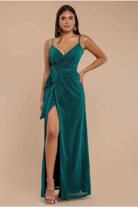 Goddiva Wrap Style Spaghetti Strap Maxi With Split - Emerald