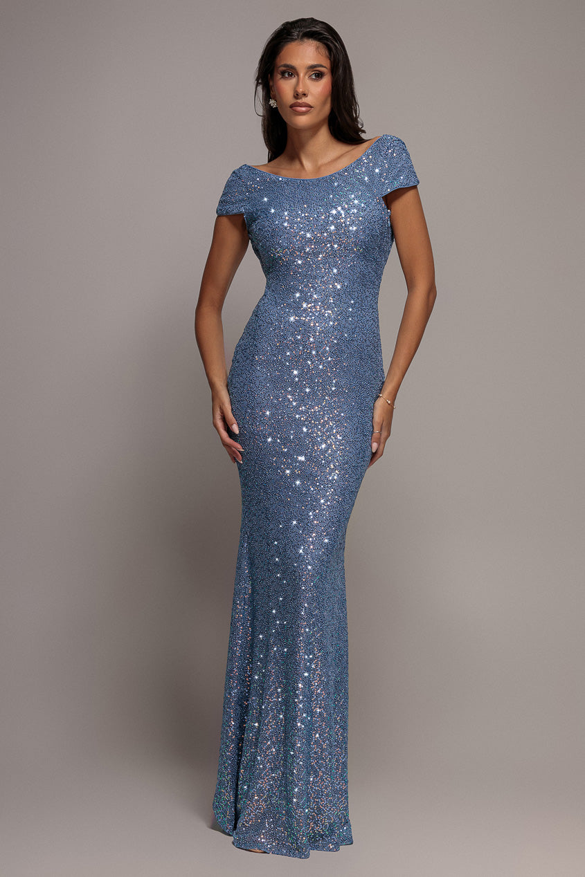 Goddiva Cowl Back Sequin Maxi Dress - Blue