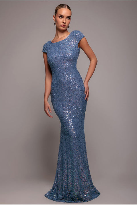 Goddiva Cowl Back Sequin Maxi Dress - Blue