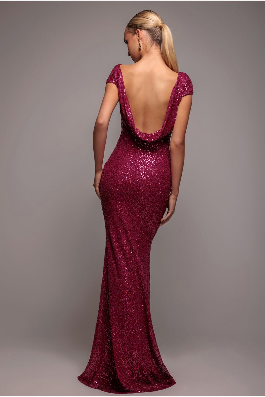 Goddiva Cowl Back Sequin Maxi - Burgundy