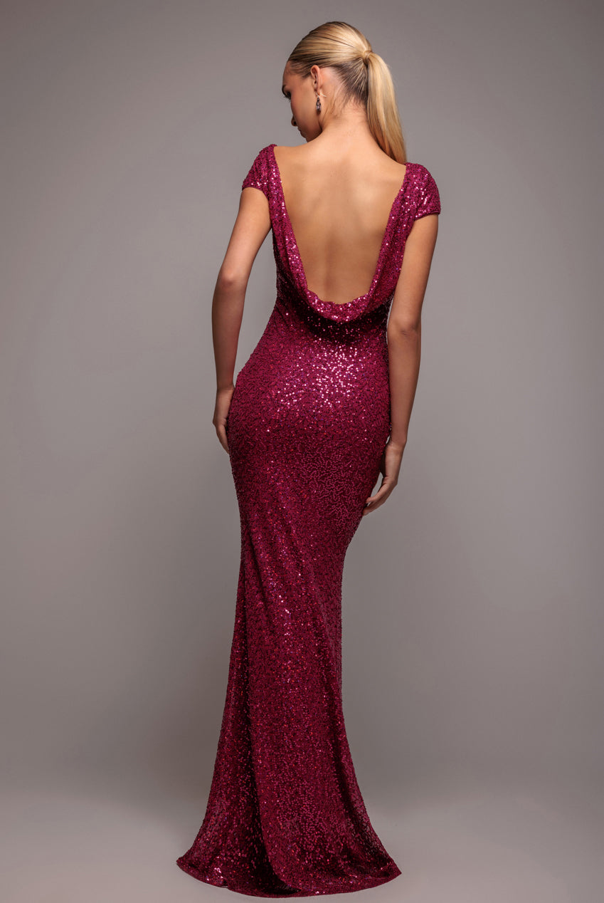 Goddiva Cowl Back Sequin Maxi - Burgundy
