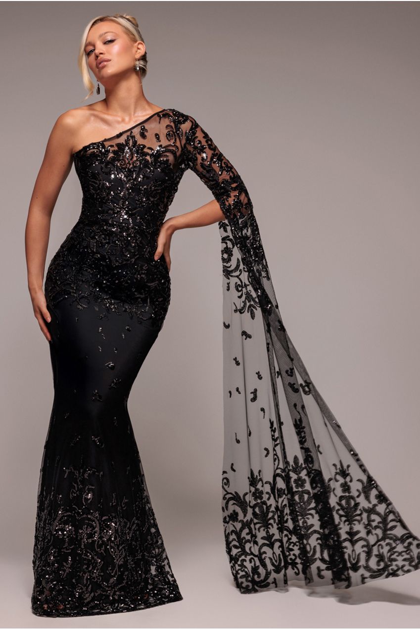 Goddiva Sequin Mesh One Shoulder Evening Maxi Dress - Black
