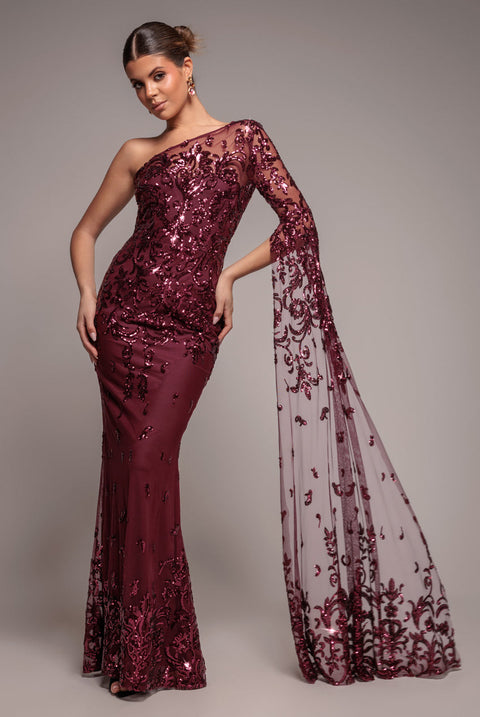 Goddiva Sequin Mesh One Shoulder Evening Maxi - Burgundy