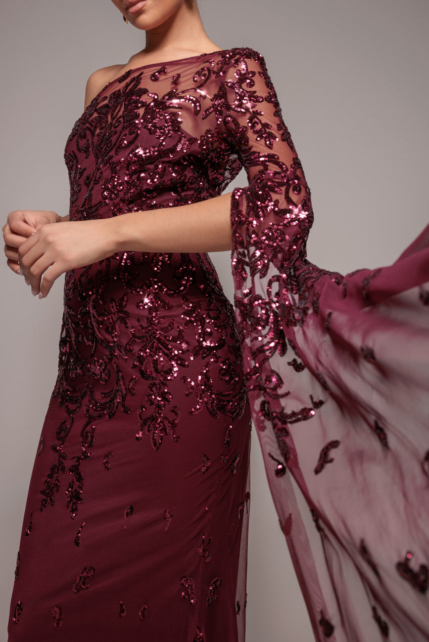 Goddiva Sequin Mesh One Shoulder Evening Maxi - Burgundy