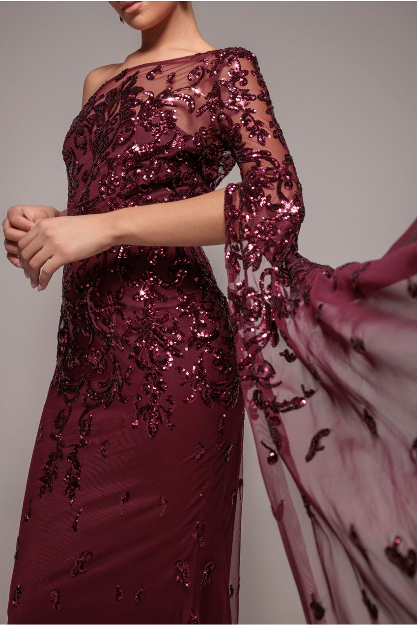Goddiva Sequin Mesh One Shoulder Evening Maxi - Burgundy