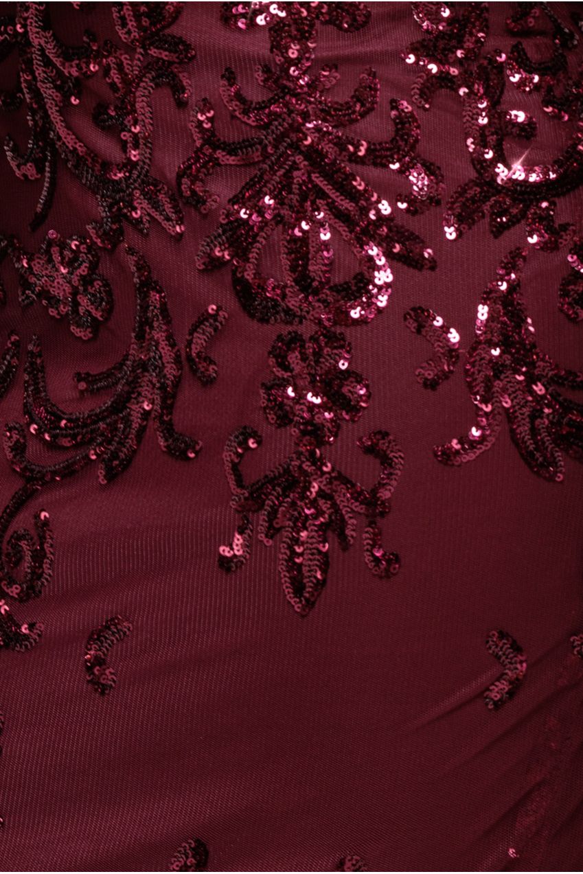 Goddiva Sequin Mesh One Shoulder Evening Maxi - Burgundy