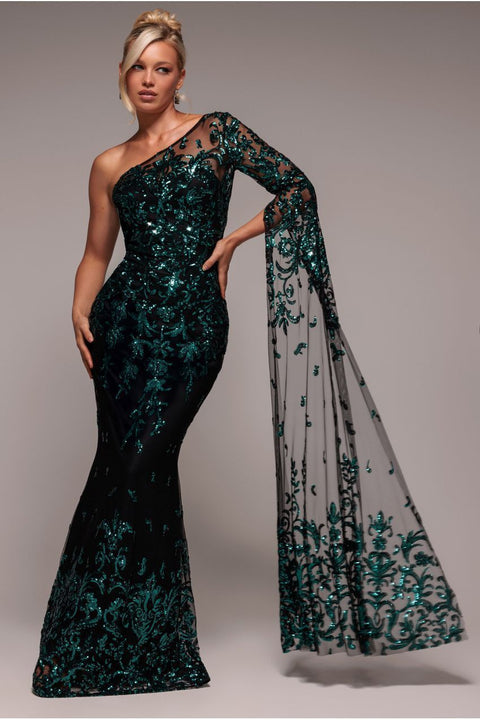 Goddiva Sequin Mesh One Shoulder Evening Maxi Dress - Emerald Green