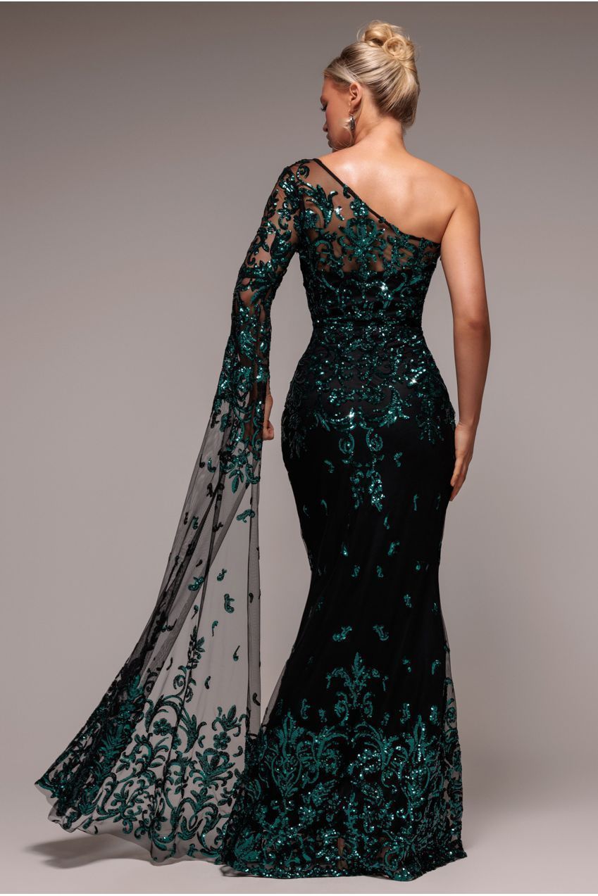 Goddiva Sequin Mesh One Shoulder Evening Maxi Dress - Emerald Green