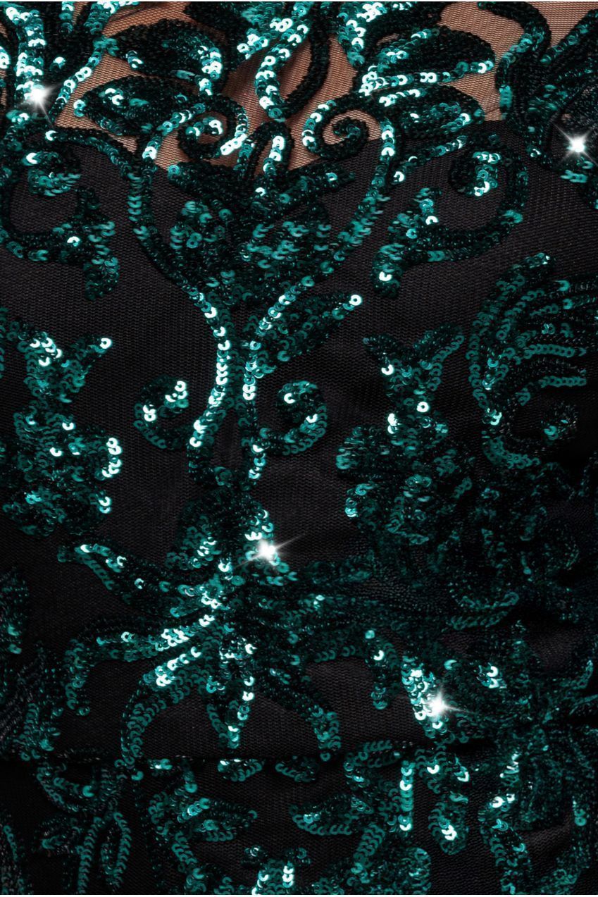 Goddiva Sequin Mesh One Shoulder Evening Maxi Dress - Emerald Green