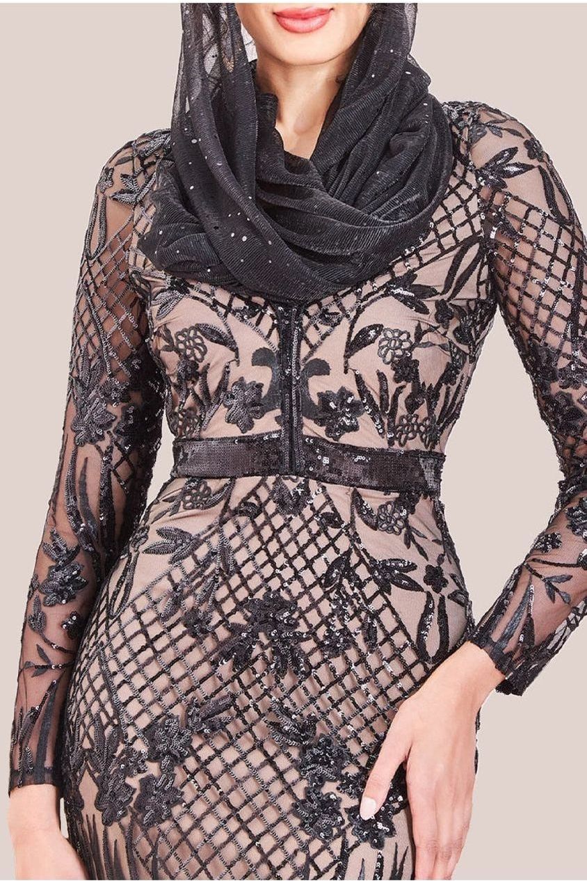 Goddiva Modesty Sequin Evening Maxi Dress - Black