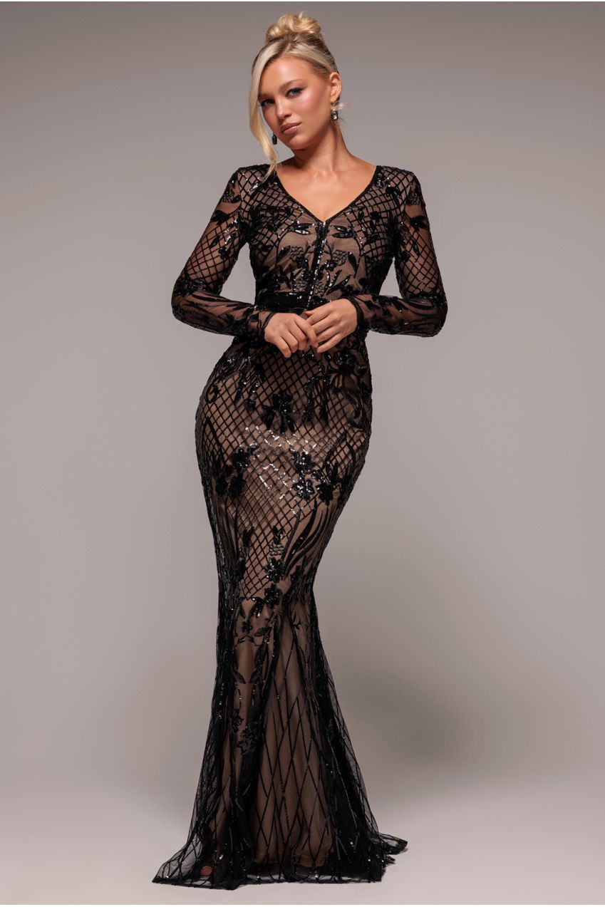 Goddiva Full Sleeve Sequin Evening Dress - Black