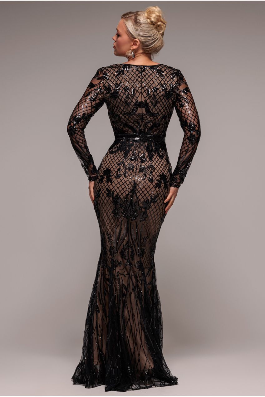 Goddiva Full Sleeve Sequin Evening Dress - Black